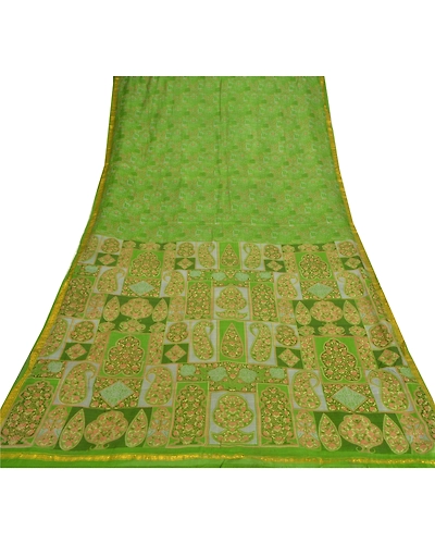 Sanskriti Vintage Green Sarees Pure Silk Printed Sari Zari Border Sewing Fabric, PR-54959-Green-Pure Silk-7