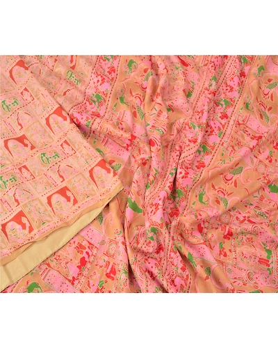 Sanskriti Vintage Brown Sarees Pure Silk Human Printed Sari Soft Craft Fabric, PR-54992-Brown-Pure Silk-2