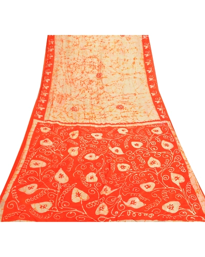 Sanskriti Vintage Cream Sarees Indian Pure Silk Batik Printed Sari Craft Fabric, PR-55054-Cream-Printed Floral Design-Pure Silk-7