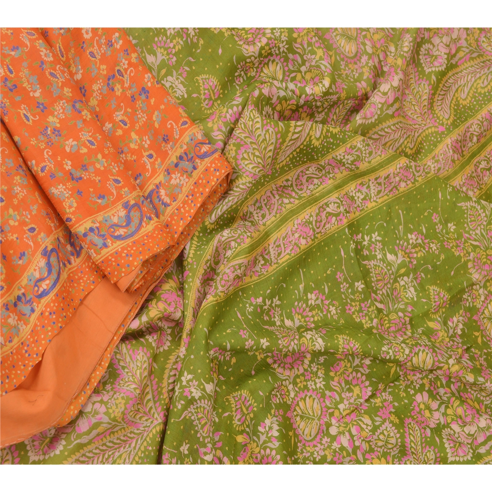 Sanskriti Vintage Orange &amp; Green Sarees 100% Pure Silk Printed 5Yd Sari Fabric, PR-55102-Orange &amp; Green-Printed Floral Design-Pure Silk-1