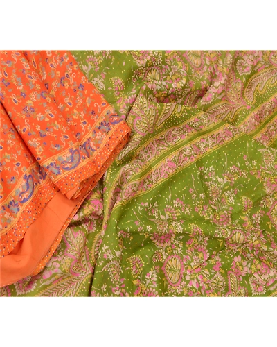 Sanskriti Vintage Orange &amp; Green Sarees 100% Pure Silk Printed 5Yd Sari Fabric, PR-55102-Orange &amp; Green-Printed Floral Design-Pure Silk-1