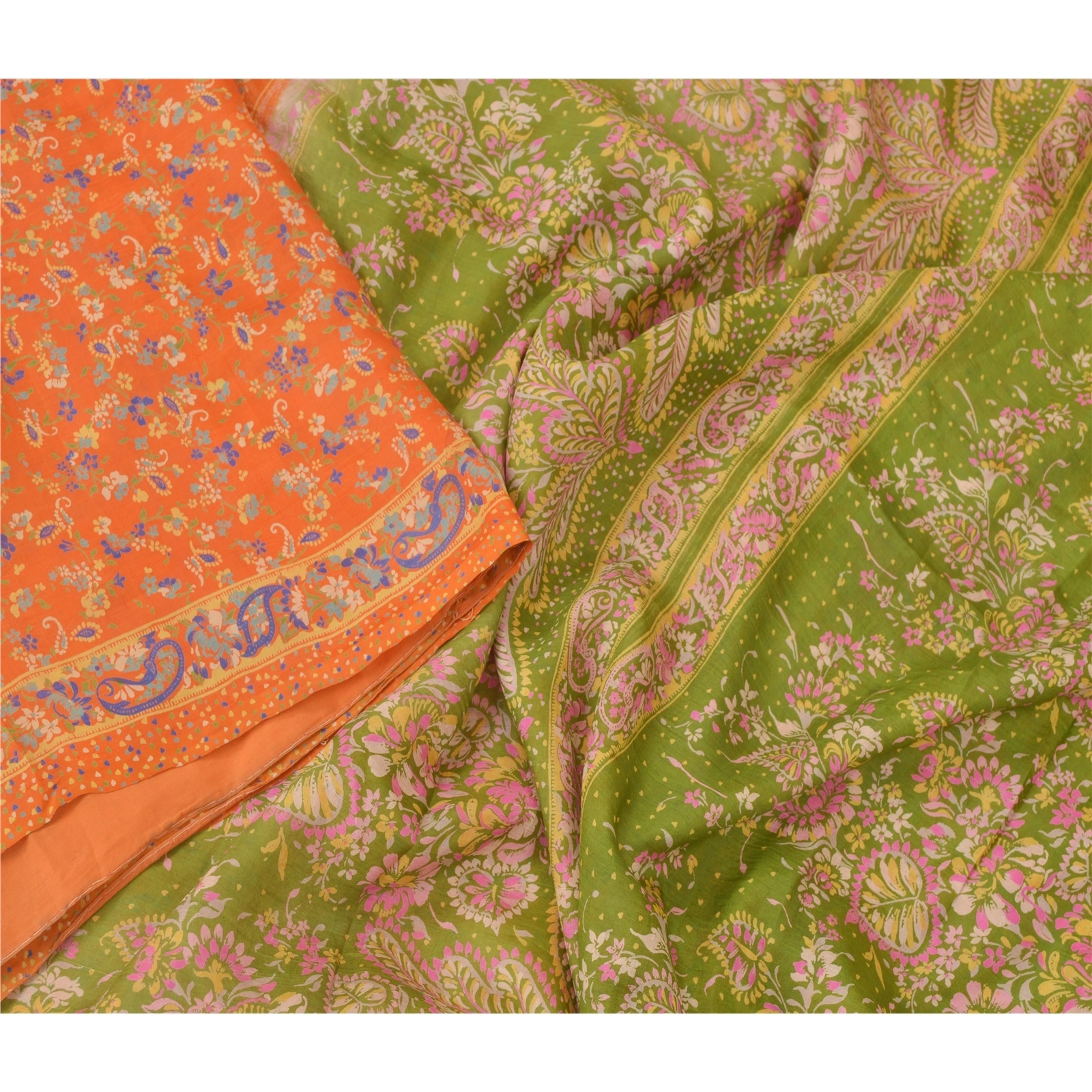 Sanskriti Vintage Orange &amp; Green Sarees 100% Pure Silk Printed 5Yd Sari Fabric, PR-55102-Orange &amp; Green-Printed Floral Design-Pure Silk-2