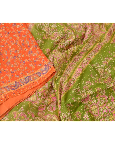 Sanskriti Vintage Orange &amp; Green Sarees 100% Pure Silk Printed 5Yd Sari Fabric, PR-55102-Orange &amp; Green-Printed Floral Design-Pure Silk-2