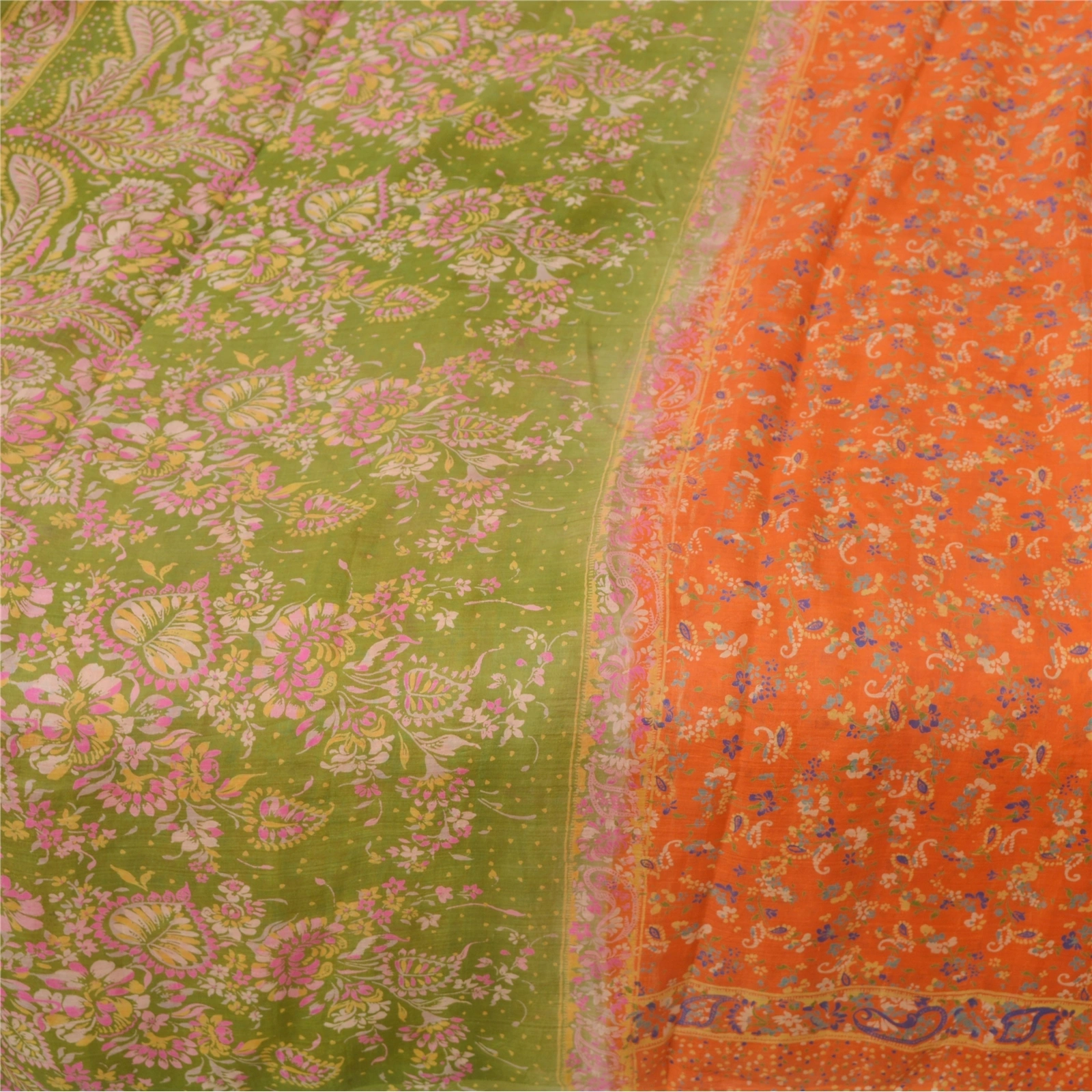 Sanskriti Vintage Orange &amp; Green Sarees 100% Pure Silk Printed 5Yd Sari Fabric, PR-55102-Orange &amp; Green-Printed Floral Design-Pure Silk-3