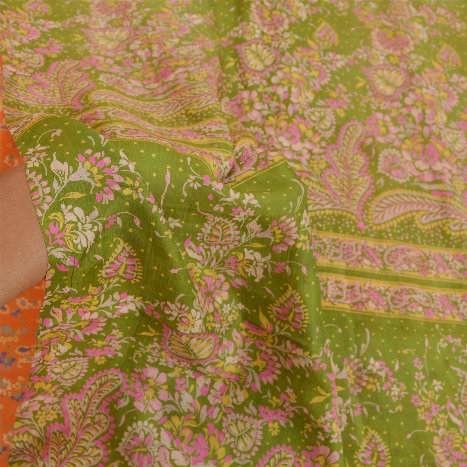 Sanskriti Vintage Orange &amp; Green Sarees 100% Pure Silk Printed 5Yd Sari Fabric, PR-55102-Orange &amp; Green-Printed Floral Design-Pure Silk-5