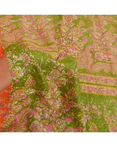 Sanskriti Vintage Orange &amp; Green Sarees 100% Pure Silk Printed 5Yd Sari Fabric, PR-55102-Orange &amp; Green-Printed Floral Design-Pure Silk-5