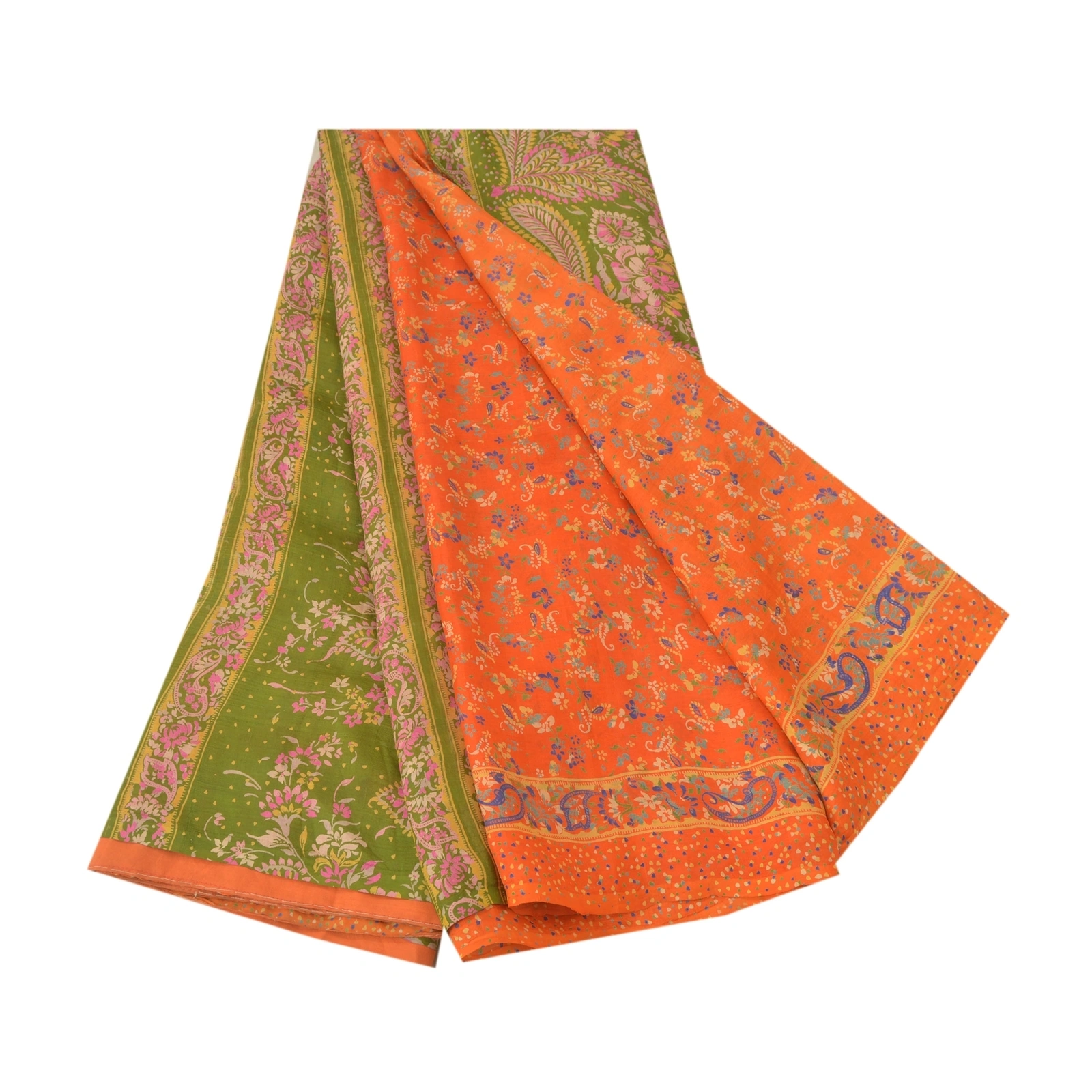 Sanskriti Vintage Orange &amp; Green Sarees 100% Pure Silk Printed 5Yd Sari Fabric, PR-55102-Orange &amp; Green-Printed Floral Design-Pure Silk-6