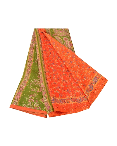 Sanskriti Vintage Orange &amp; Green Sarees 100% Pure Silk Printed 5Yd Sari Fabric, PR-55102-Orange &amp; Green-Printed Floral Design-Pure Silk-6