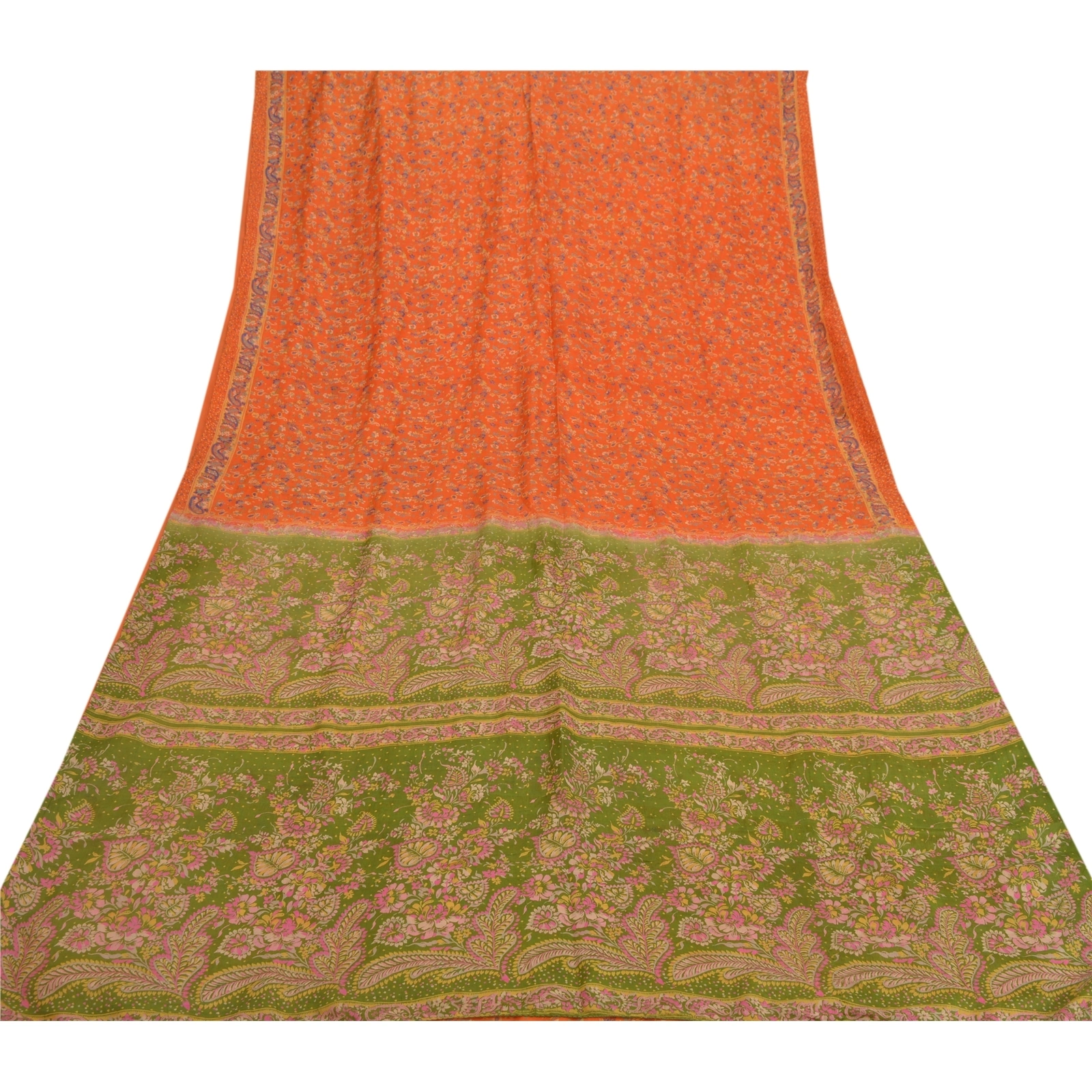 Sanskriti Vintage Orange &amp; Green Sarees 100% Pure Silk Printed 5Yd Sari Fabric, PR-55102-Orange &amp; Green-Printed Floral Design-Pure Silk-7