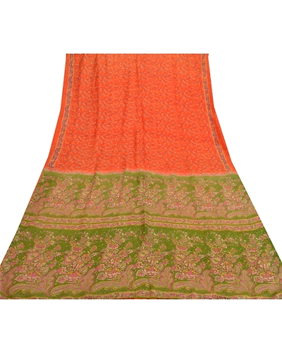 Sanskriti Vintage Orange &amp; Green Sarees 100% Pure Silk Printed 5Yd Sari Fabric, PR-55102-Orange &amp; Green-Printed Floral Design-Pure Silk-7