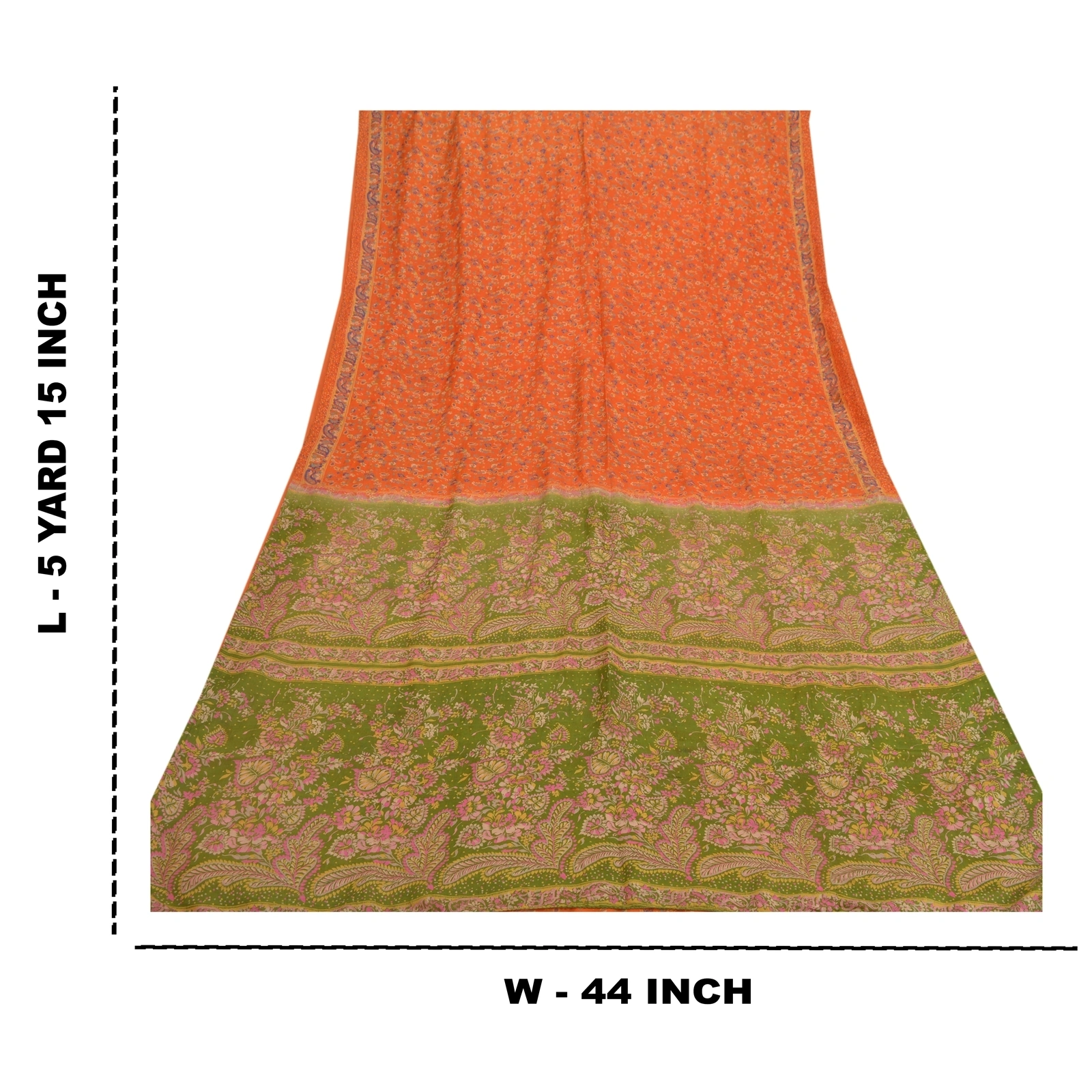 Sanskriti Vintage Orange &amp; Green Sarees 100% Pure Silk Printed 5Yd Sari Fabric, PR-55102-Orange &amp; Green-Printed Floral Design-Pure Silk-8