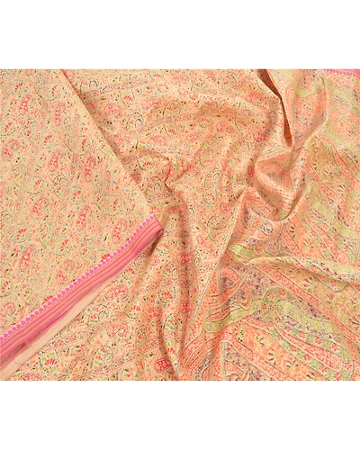 Sanskriti Vintage Beige Indian Sarees 100% Pure Silk Printed Sari Craft Fabric, PR-55154-Beige-Printed Floral Design-Pure Silk-2