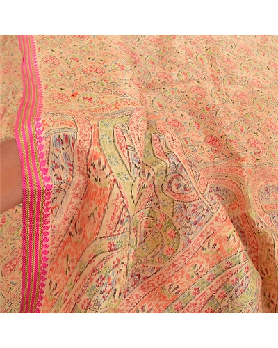 Sanskriti Vintage Beige Indian Sarees 100% Pure Silk Printed Sari Craft Fabric, PR-55154-Beige-Printed Floral Design-Pure Silk-5