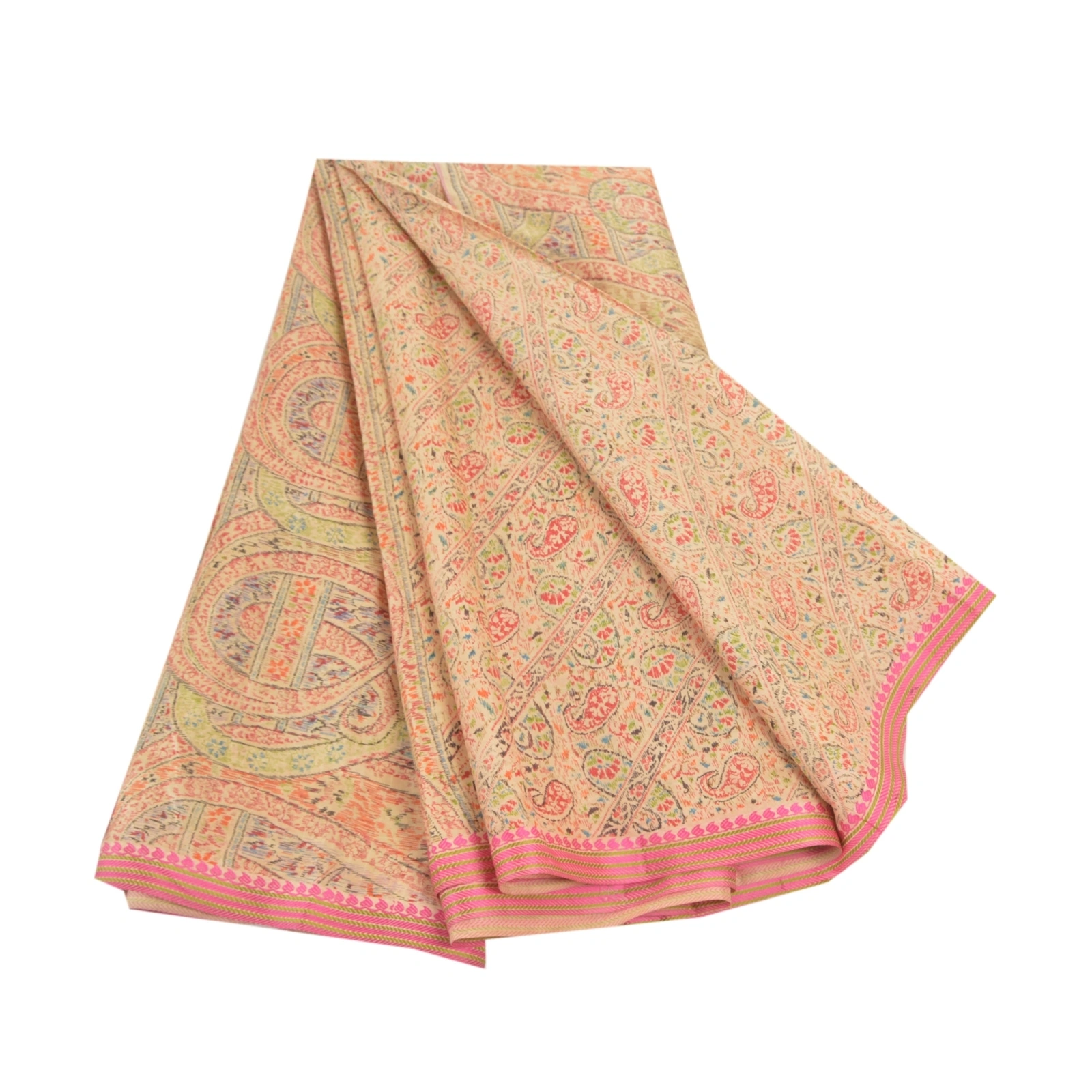 Sanskriti Vintage Beige Indian Sarees 100% Pure Silk Printed Sari Craft Fabric, PR-55154-Beige-Printed Floral Design-Pure Silk-6