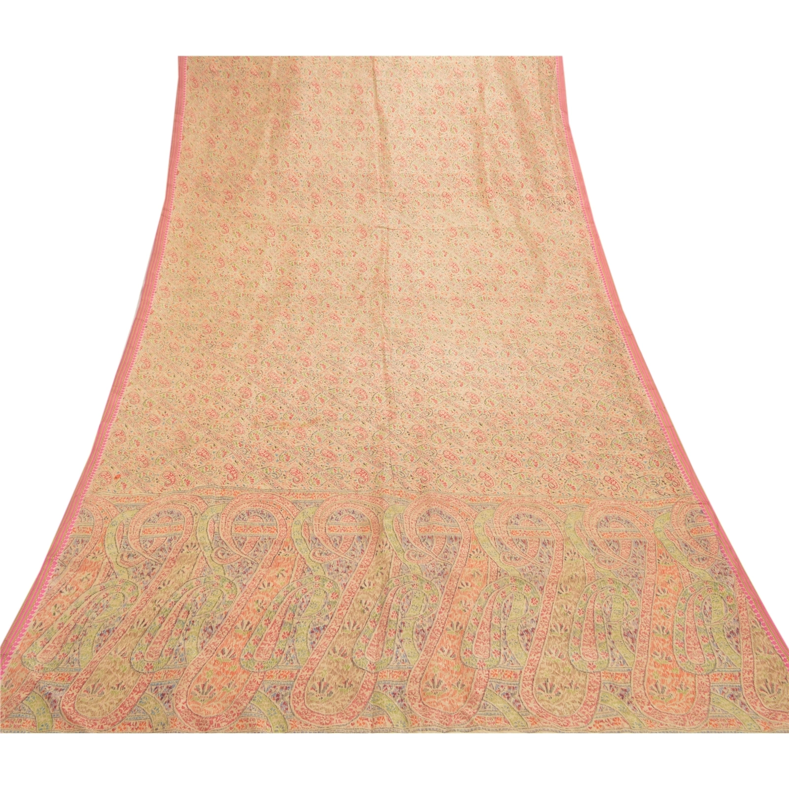 Sanskriti Vintage Beige Indian Sarees 100% Pure Silk Printed Sari Craft Fabric, PR-55154-Beige-Printed Floral Design-Pure Silk-7