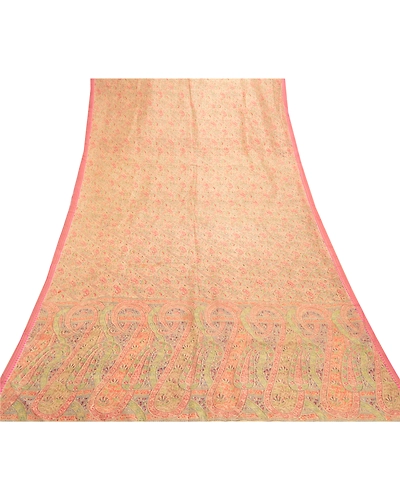 Sanskriti Vintage Beige Indian Sarees 100% Pure Silk Printed Sari Craft Fabric, PR-55154-Beige-Printed Floral Design-Pure Silk-7