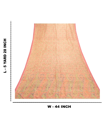 Sanskriti Vintage Beige Indian Sarees 100% Pure Silk Printed Sari Craft Fabric, PR-55154-Beige-Printed Floral Design-Pure Silk-8