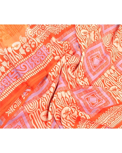 Sanskriti Vintage Orange &amp; Red Sarees Pure Silk Printed Sari Soft Craft Fabric, PR-55171-Orange &amp; Red-Printed Floral Design-Pure Silk-1