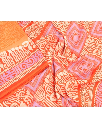 Sanskriti Vintage Orange &amp; Red Sarees Pure Silk Printed Sari Soft Craft Fabric, PR-55171-Orange &amp; Red-Printed Floral Design-Pure Silk-2