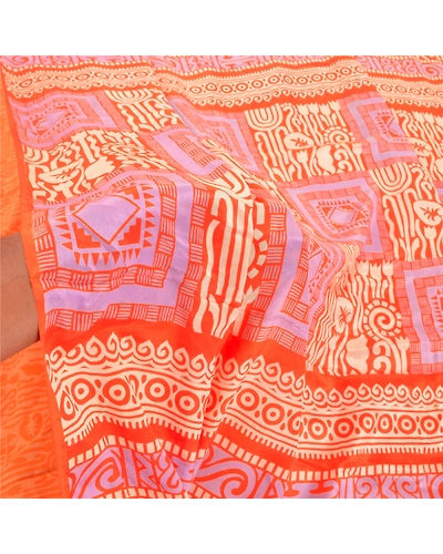 Sanskriti Vintage Orange &amp; Red Sarees Pure Silk Printed Sari Soft Craft Fabric, PR-55171-Orange &amp; Red-Printed Floral Design-Pure Silk-5