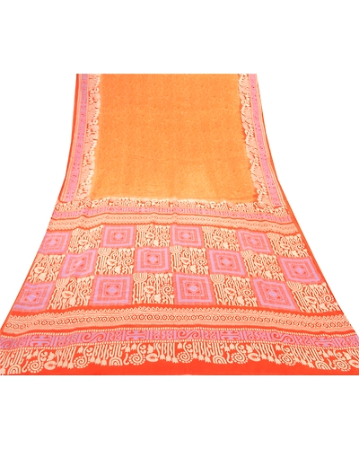 Sanskriti Vintage Orange &amp; Red Sarees Pure Silk Printed Sari Soft Craft Fabric, PR-55171-Orange &amp; Red-Printed Floral Design-Pure Silk-7