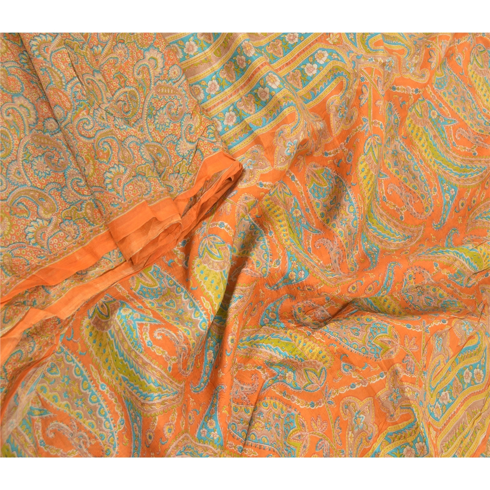 Sanskriti Vintage Sarees Orange 100% Pure Silk Printed Sari Floral Craft Fabric, PR-55207-Orange-Printed Floral Design-Pure Silk-1