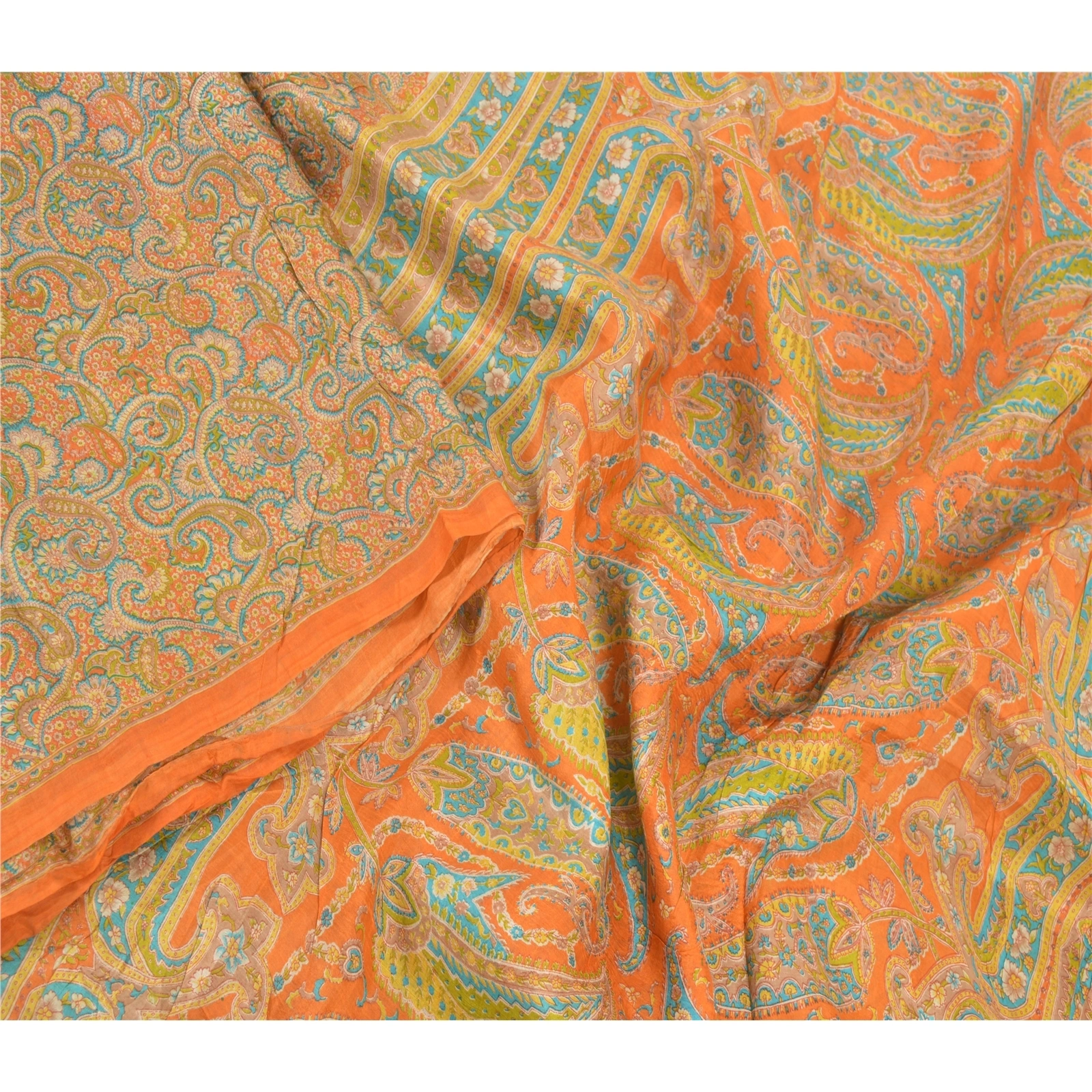 Sanskriti Vintage Sarees Orange 100% Pure Silk Printed Sari Floral Craft Fabric, PR-55207-Orange-Printed Floral Design-Pure Silk-2