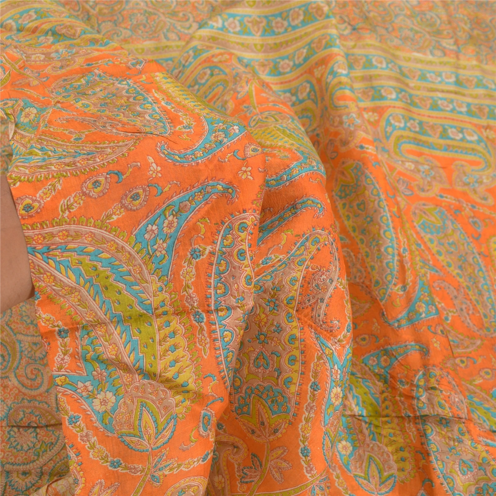 Sanskriti Vintage Sarees Orange 100% Pure Silk Printed Sari Floral Craft Fabric, PR-55207-Orange-Printed Floral Design-Pure Silk-5