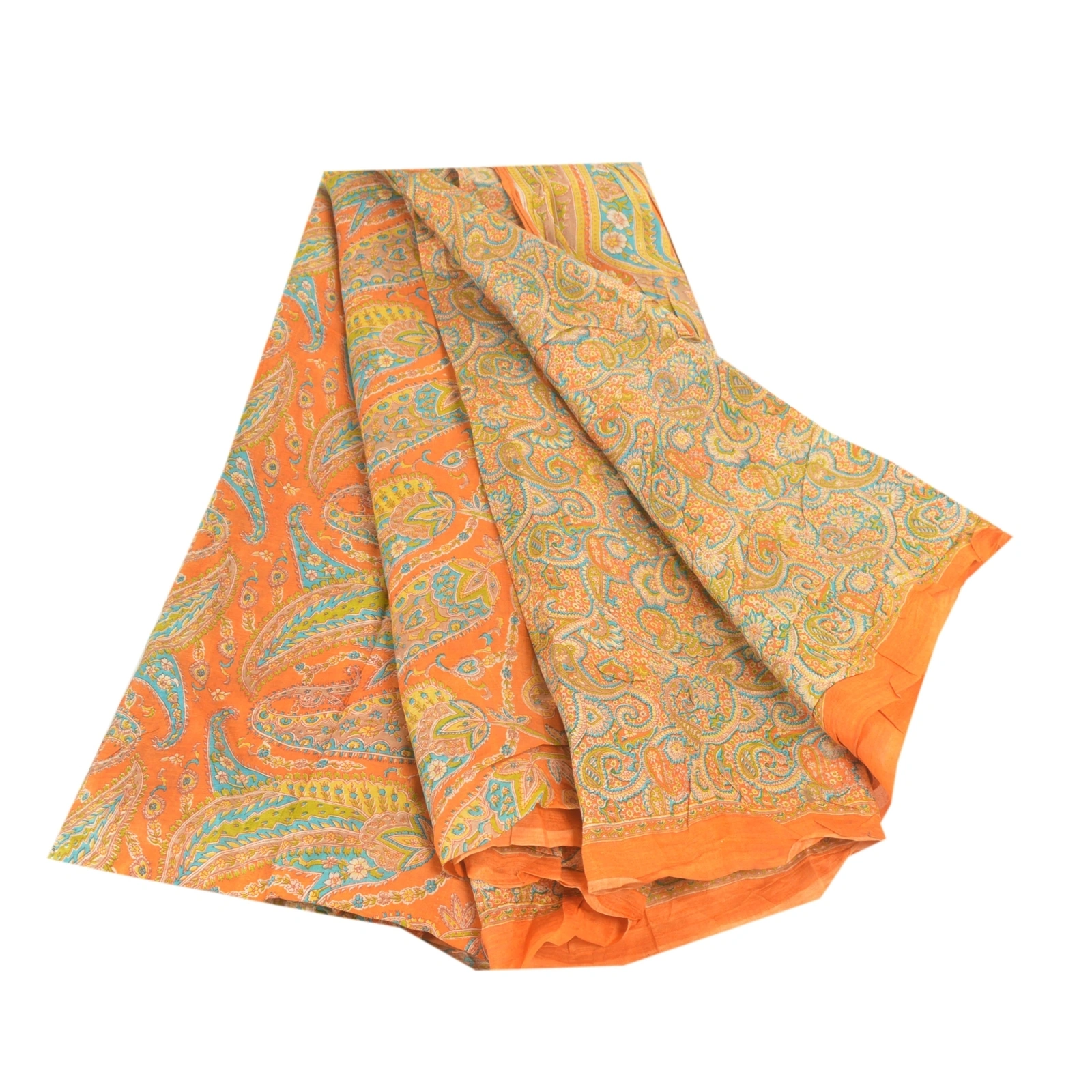 Sanskriti Vintage Sarees Orange 100% Pure Silk Printed Sari Floral Craft Fabric, PR-55207-Orange-Printed Floral Design-Pure Silk-6