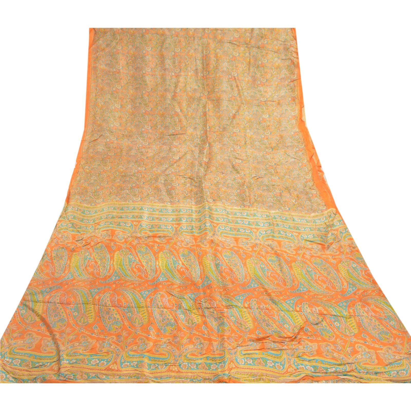 Sanskriti Vintage Sarees Orange 100% Pure Silk Printed Sari Floral Craft Fabric, PR-55207-Orange-Printed Floral Design-Pure Silk-7