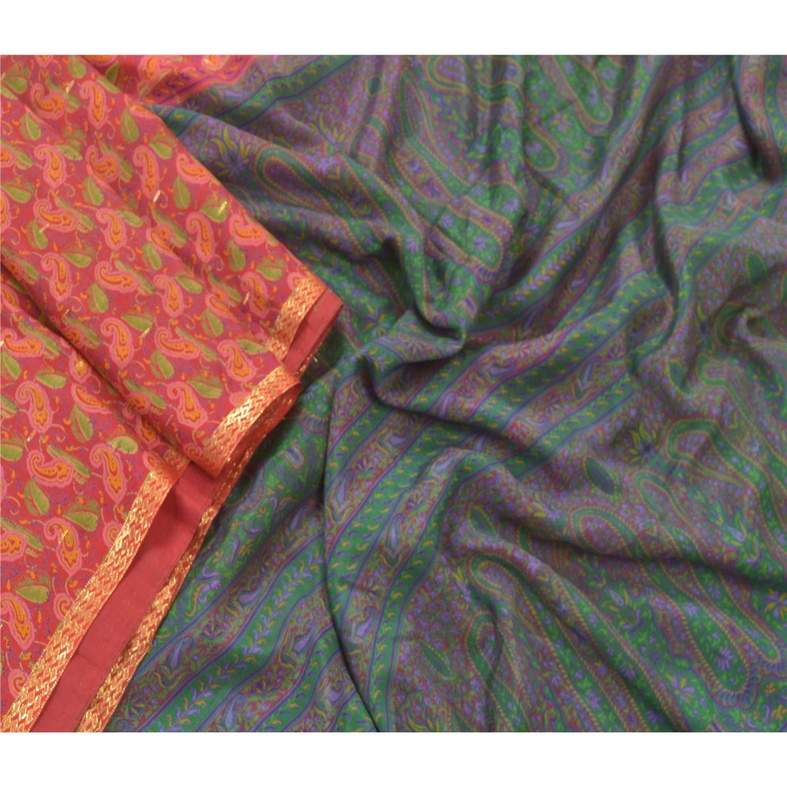 Sanskriti Vintage Sarees Indian Red Pure Silk Printed Woven Sari Craft Fabric, PR-55246-Red-Printed Floral Design-Pure Silk-1