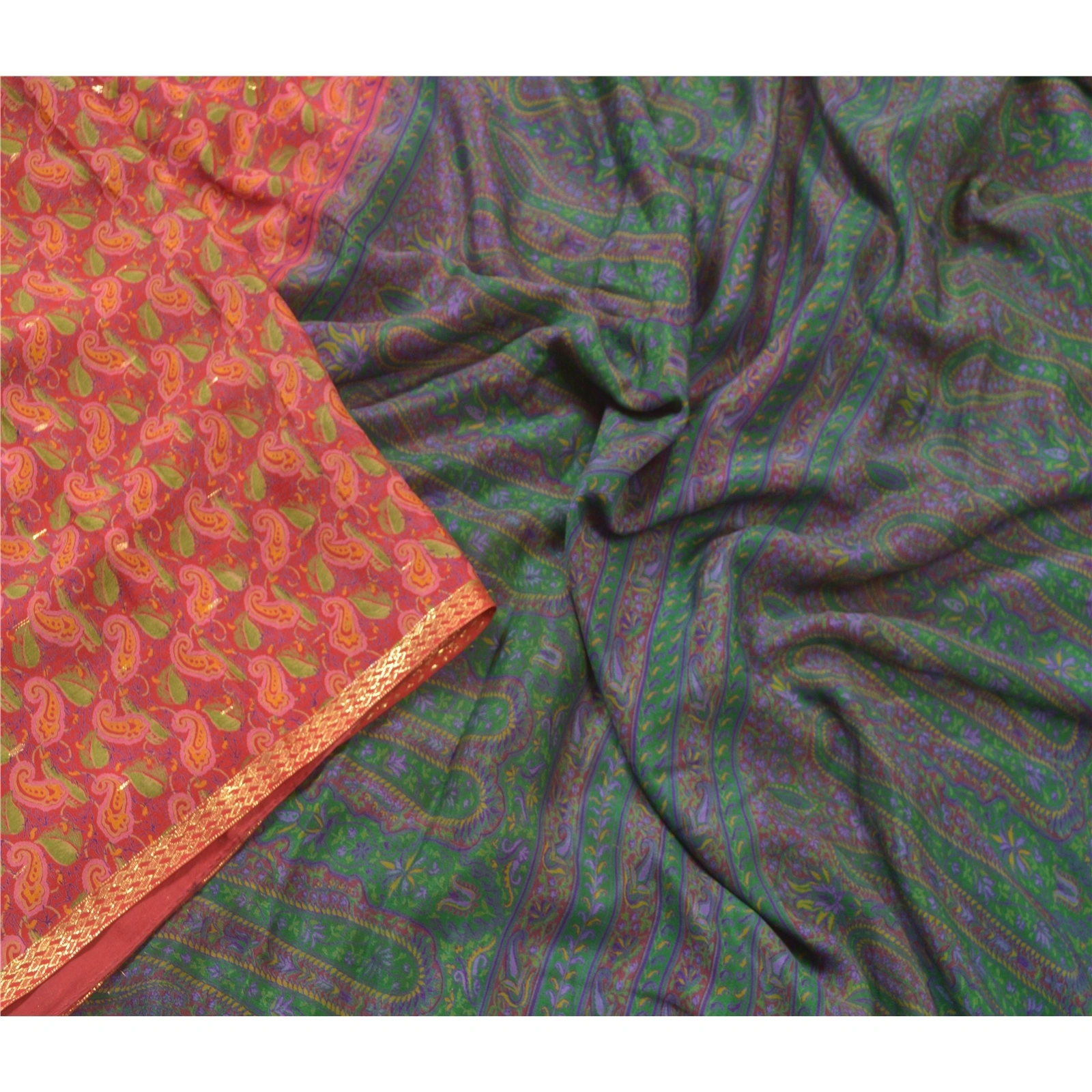 Sanskriti Vintage Sarees Indian Red Pure Silk Printed Woven Sari Craft Fabric, PR-55246-Red-Printed Floral Design-Pure Silk-2