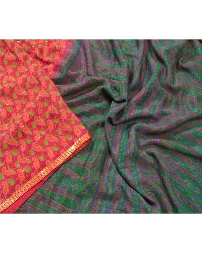 Sanskriti Vintage Sarees Indian Red Pure Silk Printed Woven Sari Craft Fabric, PR-55246-Red-Printed Floral Design-Pure Silk-2
