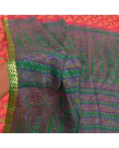 Sanskriti Vintage Sarees Indian Red Pure Silk Printed Woven Sari Craft Fabric, PR-55246-Red-Printed Floral Design-Pure Silk-5