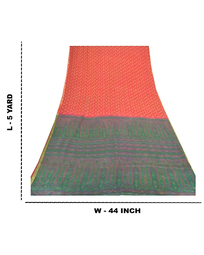 Sanskriti Vintage Sarees Indian Red Pure Silk Printed Woven Sari Craft Fabric, PR-55246-Red-Printed Floral Design-Pure Silk-8