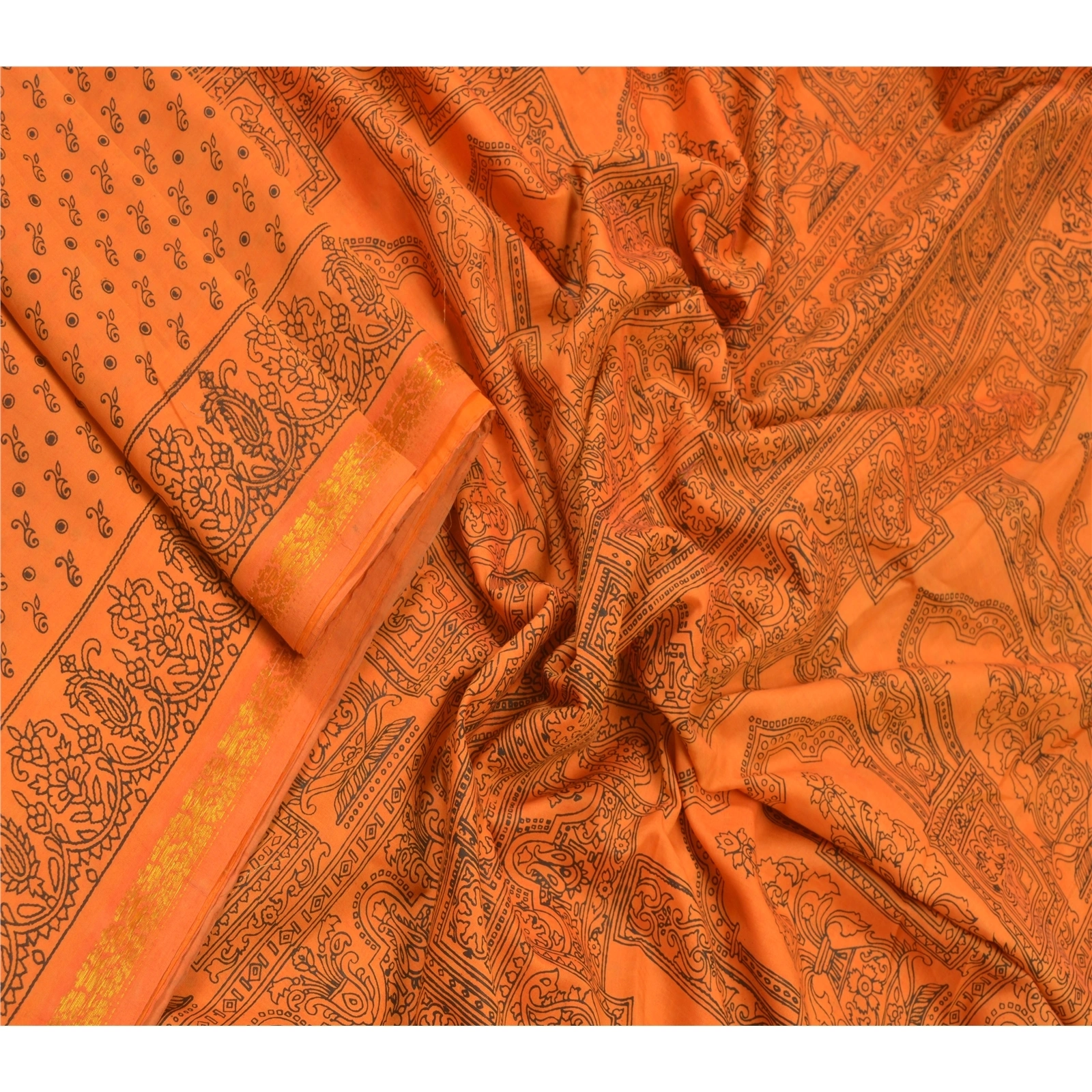 Sanskriti Vintage Orange Sarees Blend Silk Floral Printed Sari 5Yd Craft Fabric, PR-55292-Orange-Printed Floral Design-Blend Silk-1