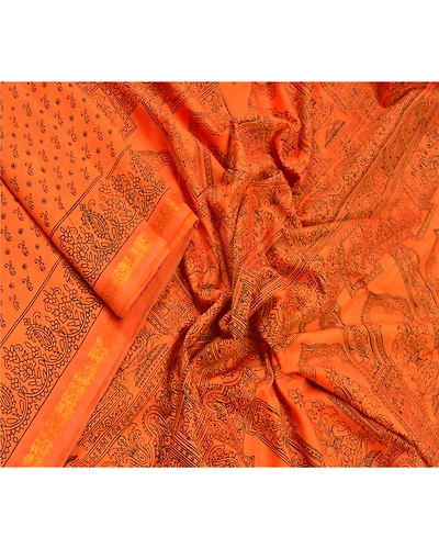 Sanskriti Vintage Orange Sarees Blend Silk Floral Printed Sari 5Yd Craft Fabric, PR-55292-Orange-Printed Floral Design-Blend Silk-1