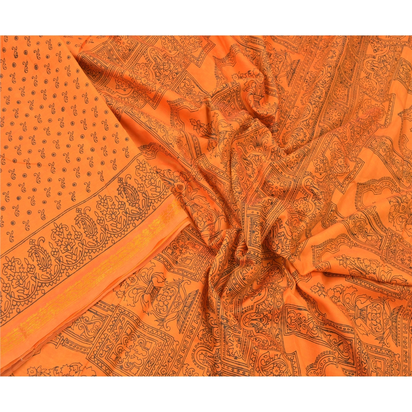 Sanskriti Vintage Orange Sarees Blend Silk Floral Printed Sari 5Yd Craft Fabric, PR-55292-Orange-Printed Floral Design-Blend Silk-2