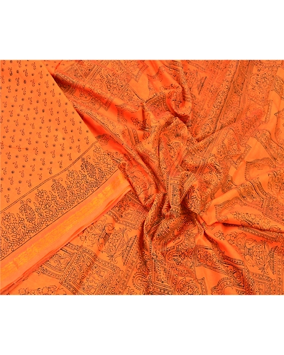 Sanskriti Vintage Orange Sarees Blend Silk Floral Printed Sari 5Yd Craft Fabric, PR-55292-Orange-Printed Floral Design-Blend Silk-2