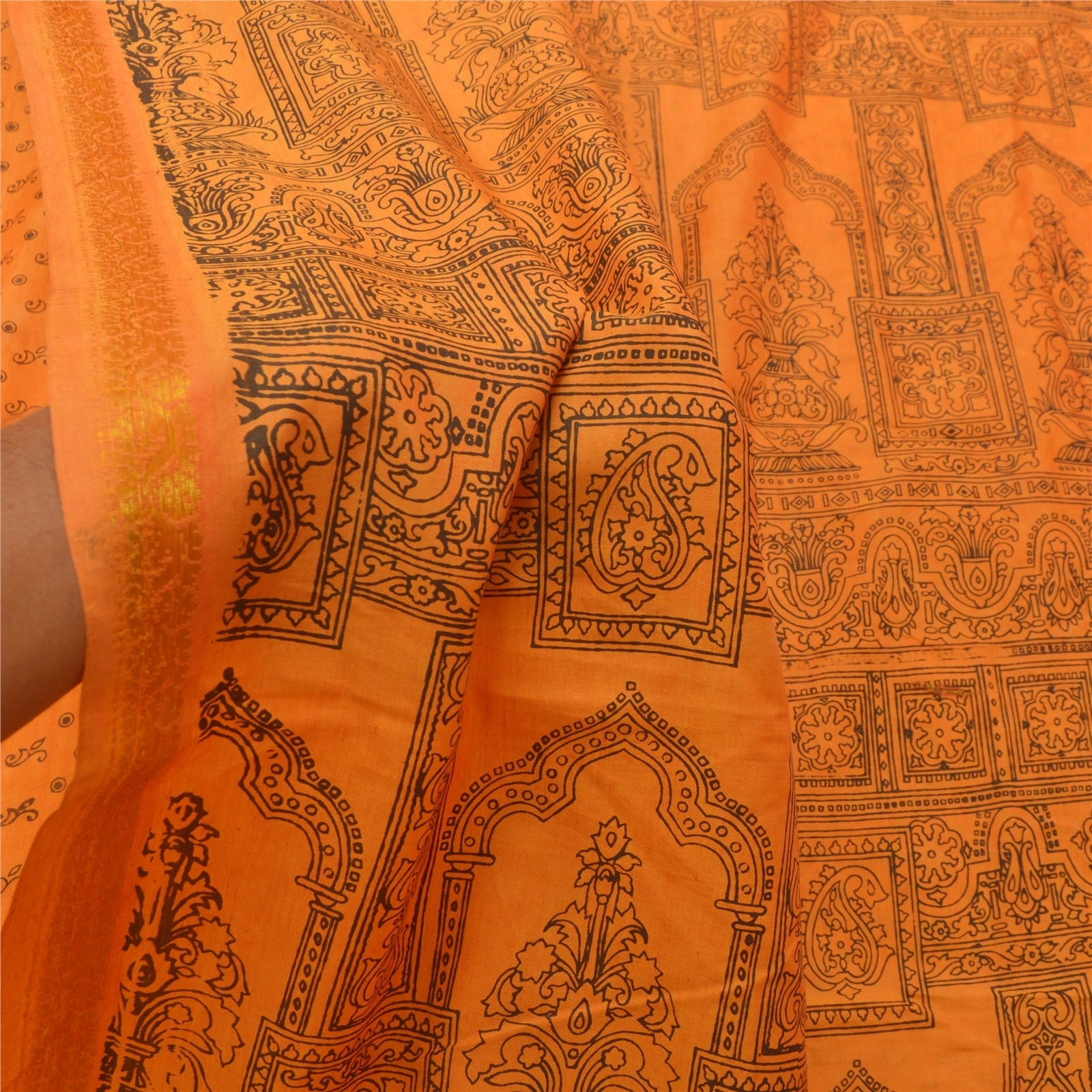 Sanskriti Vintage Orange Sarees Blend Silk Floral Printed Sari 5Yd Craft Fabric, PR-55292-Orange-Printed Floral Design-Blend Silk-5