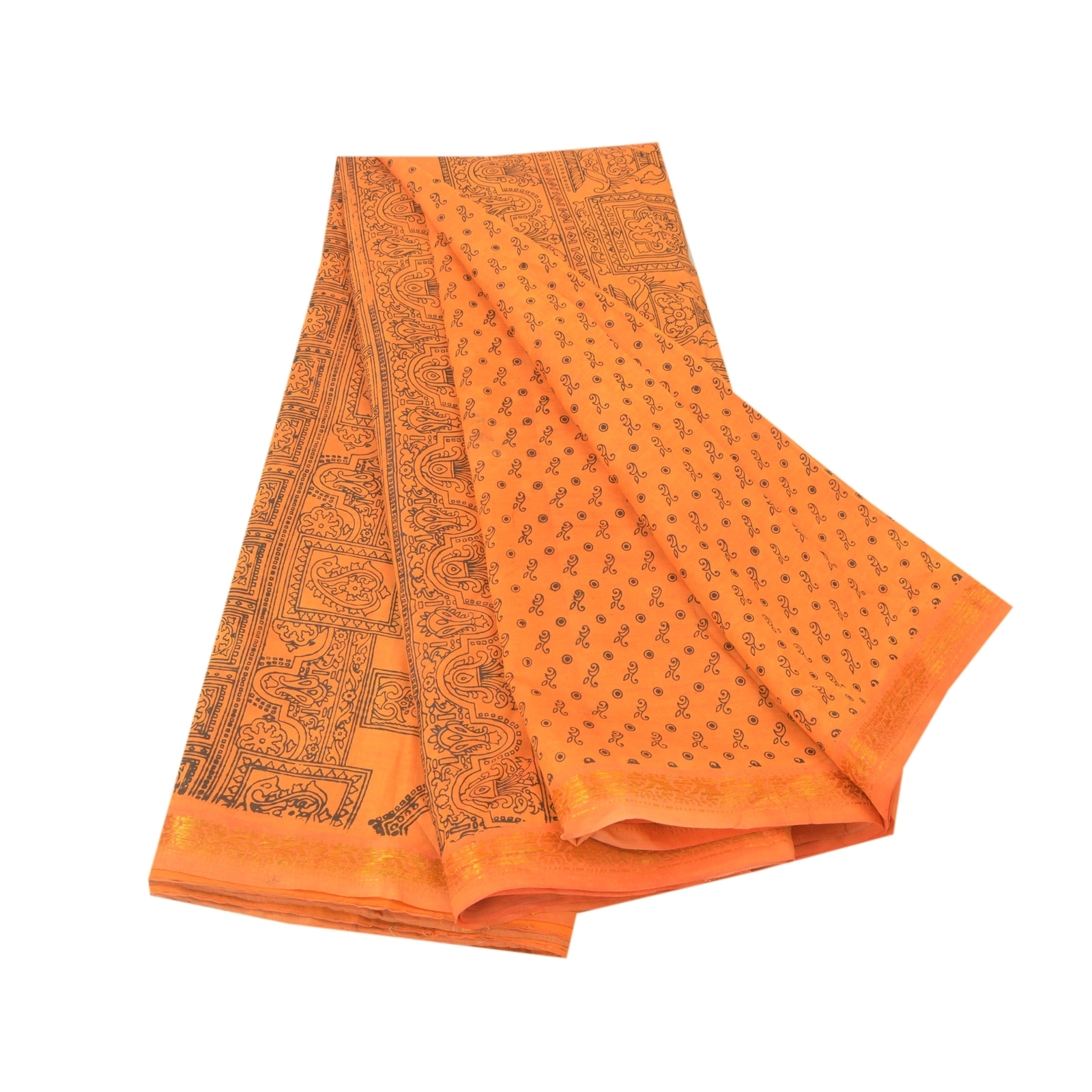 Sanskriti Vintage Orange Sarees Blend Silk Floral Printed Sari 5Yd Craft Fabric, PR-55292-Orange-Printed Floral Design-Blend Silk-6