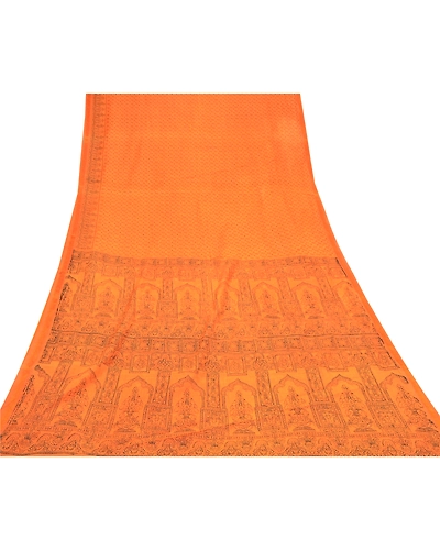 Sanskriti Vintage Orange Sarees Blend Silk Floral Printed Sari 5Yd Craft Fabric, PR-55292-Orange-Printed Floral Design-Blend Silk-7