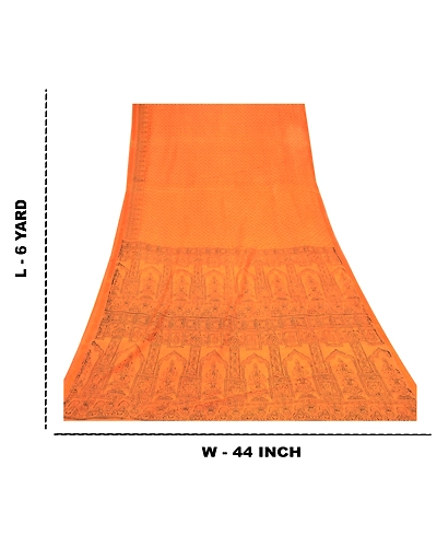 Sanskriti Vintage Orange Sarees Blend Silk Floral Printed Sari 5Yd Craft Fabric, PR-55292-Orange-Printed Floral Design-Blend Silk-8