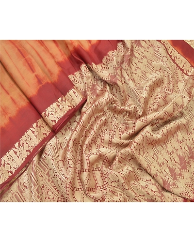 Sanskriti Vintage Brown/Red Sarees Pure Silk Brocade Tie &amp; Dye Print Sari Fabric, PR-55303-Brown &amp; Red-Printed Floral Design-Pure Silk-1