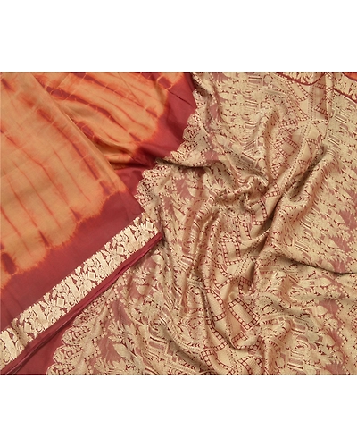 Sanskriti Vintage Brown/Red Sarees Pure Silk Brocade Tie &amp; Dye Print Sari Fabric, PR-55303-Brown &amp; Red-Printed Floral Design-Pure Silk-2