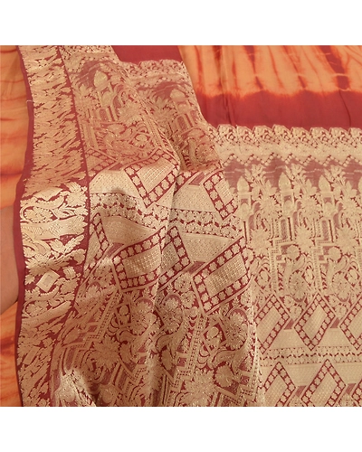 Sanskriti Vintage Brown/Red Sarees Pure Silk Brocade Tie &amp; Dye Print Sari Fabric, PR-55303-Brown &amp; Red-Printed Floral Design-Pure Silk-5