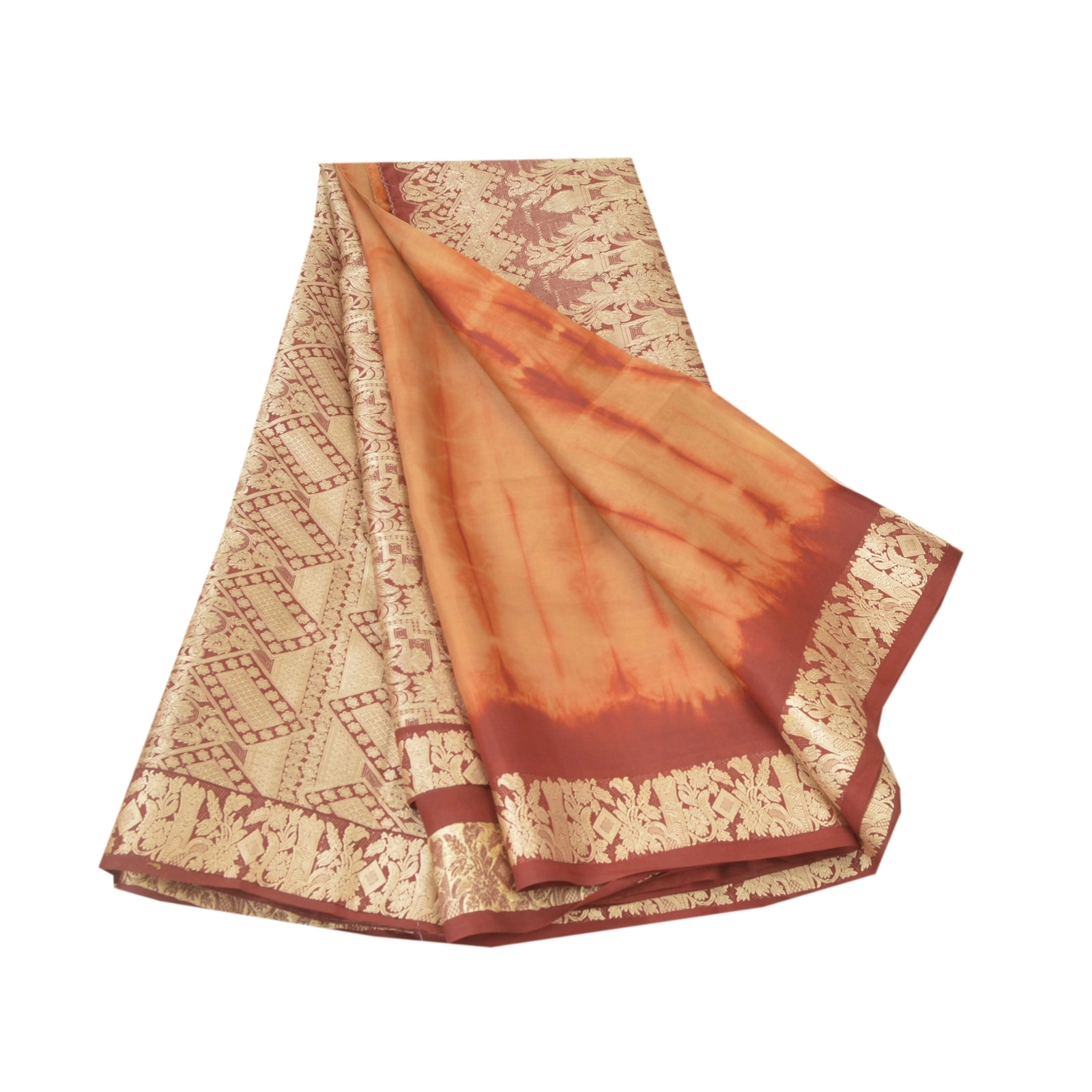 Sanskriti Vintage Brown/Red Sarees Pure Silk Brocade Tie &amp; Dye Print Sari Fabric, PR-55303-Brown &amp; Red-Printed Floral Design-Pure Silk-6