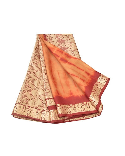 Sanskriti Vintage Brown/Red Sarees Pure Silk Brocade Tie &amp; Dye Print Sari Fabric, PR-55303-Brown &amp; Red-Printed Floral Design-Pure Silk-6