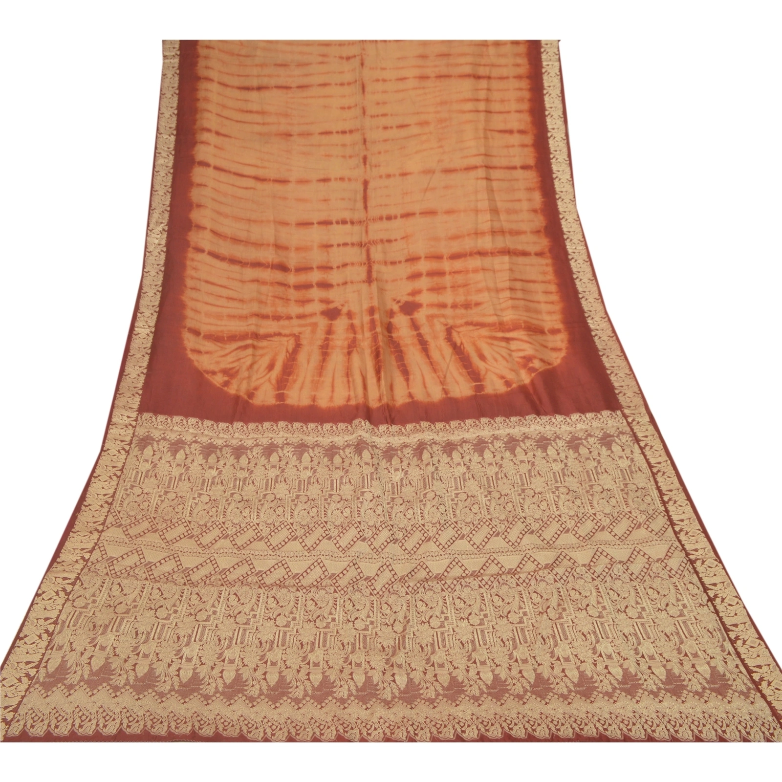 Sanskriti Vintage Brown/Red Sarees Pure Silk Brocade Tie &amp; Dye Print Sari Fabric, PR-55303-Brown &amp; Red-Printed Floral Design-Pure Silk-7