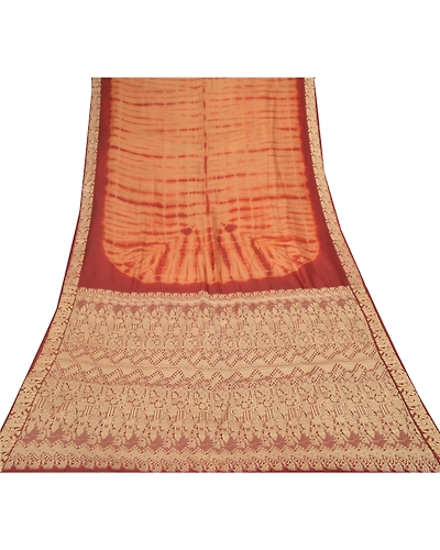 Sanskriti Vintage Brown/Red Sarees Pure Silk Brocade Tie &amp; Dye Print Sari Fabric, PR-55303-Brown &amp; Red-Printed Floral Design-Pure Silk-7